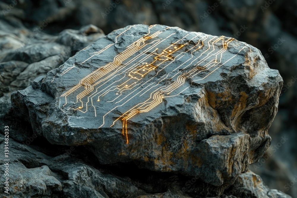 Poster a stone engraved with an elaborate digital circuit design, symbolizing integration of nature and tec