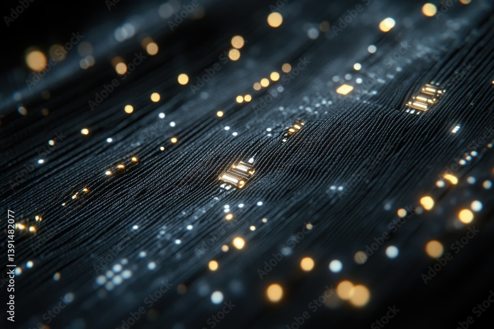 Poster a futuristic, dark fabric with embedded circuitry and glowing lights, suggesting technology, connect