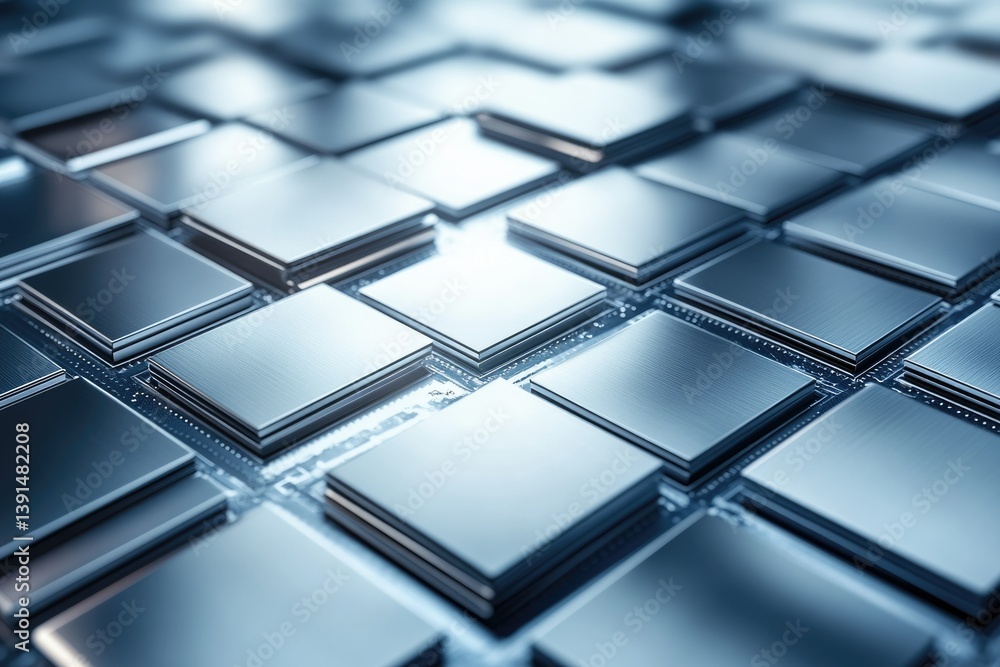 Poster A grid of reflective, square microchips on a circuit board, suggesting technology, computing power, and the interconnectedness of modern devices.