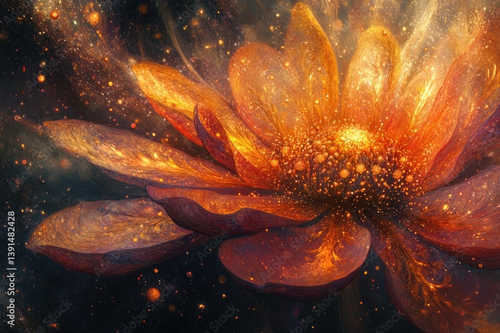 Poster abstract image of a flower with orange and yellow hues, covered in glittering particles, evoking a s