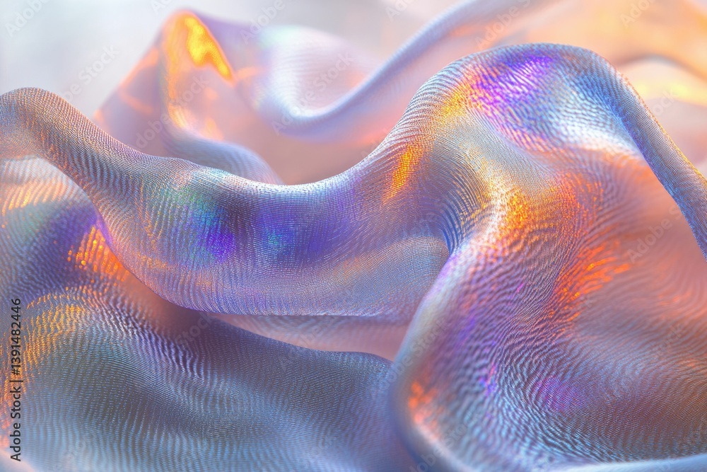 Poster Iridescent fabric with delicate folds reflects rainbow light, creating a shimmering, ethereal, and abstract textile design.