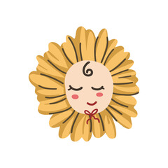 Cute baby flower with a smiling face and closed eyes