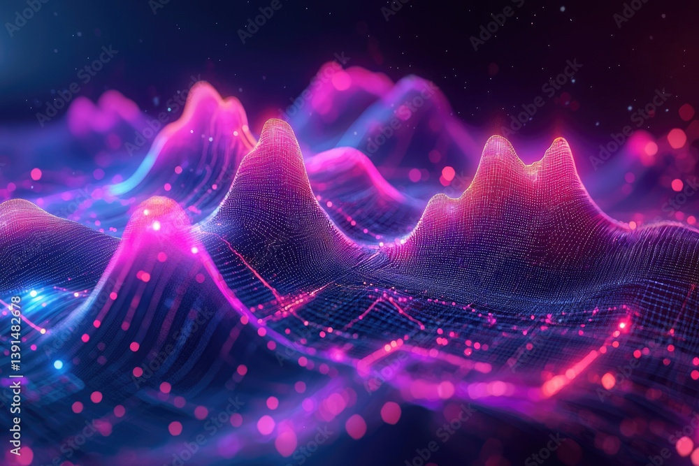 Poster abstract digital landscape with glowing pink and blue peaks, representing data visualization or tech