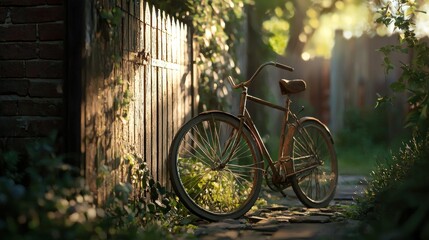 Fototapeta premium Rustic bicycle leans against old wooden gate in sunlit garden.
