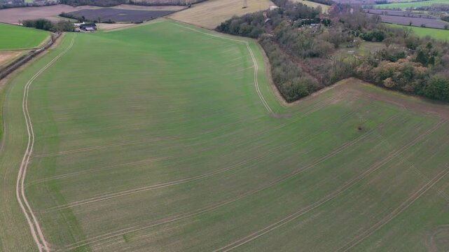 Aerial view of the vast rural fields of Shoreham village in the Sevenoaks District of Kent, England