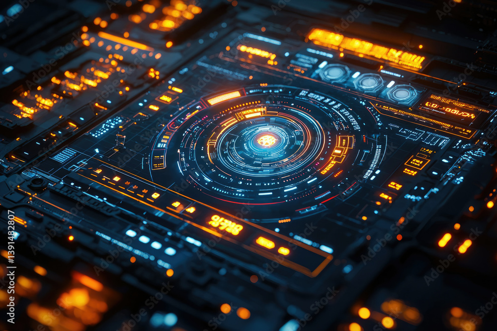 Poster futuristic digital interface with glowing concentric circles and data displays, showcasing technolog