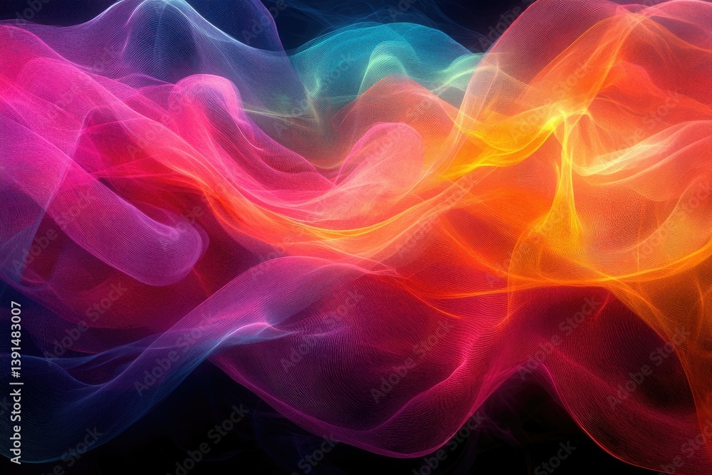 Poster abstract image of flowing colorful smoke-like waves, creating a mesmerizing blend of pink, orange, y