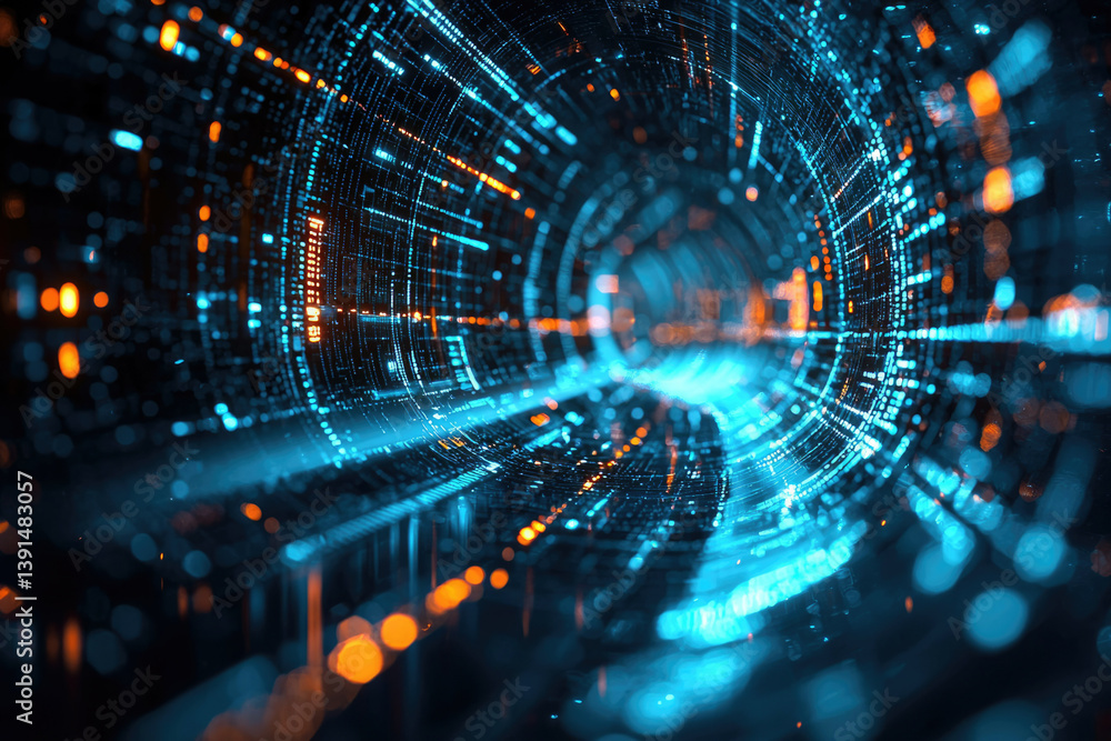 Poster Abstract digital tunnel of glowing blue and orange data streams, representing the flow of information and technology.