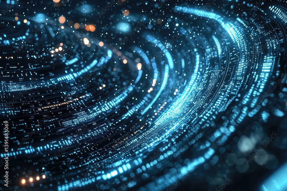 Poster abstract digital data stream swirling, glowing blue lines and particles form a futuristic technologi