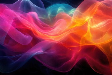 Fototapeta premium Abstract image of flowing colorful smoke-like waves, creating a mesmerizing blend of pink, orange, yellow, and blue hues on a transparent background.
