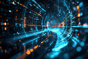 Fototapeta premium Abstract digital tunnel of glowing blue and orange data streams, representing the flow of information and technology.
