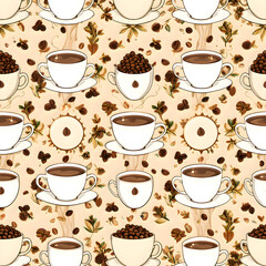 Obraz premium Realistic seamless illustration of coffee cups and roasted beans.