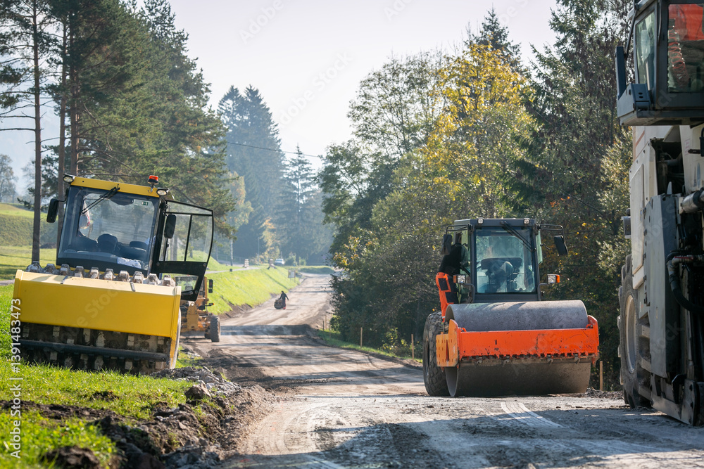 Poster road compactor roller compacting gravel for new asphalt road with motorized grader and construction 