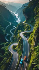 Ultra HD Drone View of Serpentine Mountain Road Winding Through Tropical Jungle in Golden Hour 8K