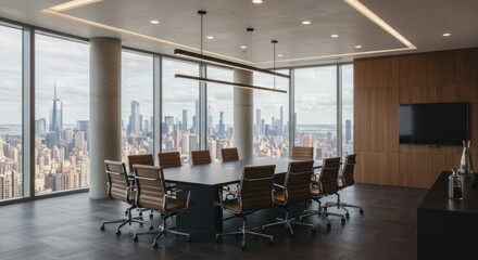 Conference room with large table chairs and city view through the panoramic windows in the office