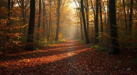 Obraz premium Golden sunlight streams through autumn forest path. AI Generated