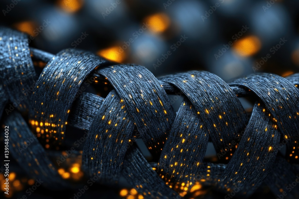 Poster a macro shot of a dark braided cable, interspersed with tiny, glowing, golden light particles, with 
