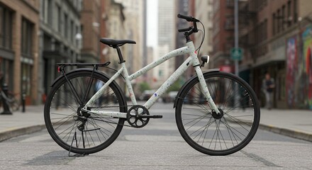 Bicycle on a City Street with a Unique Paint Splatter Design for Urban Commuting and Eco-Friendly Transportation on a Cloudy Day with Buildings in the Background