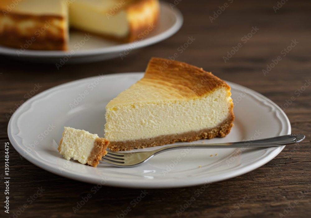 Aufkleber a slice of cheesecake on a white plate with a fork and the rest of the cake in the background