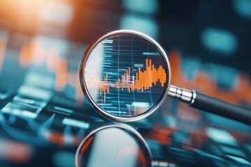 A close-up of a magnifying glass focusing on a digital graph, showcasing data analysis with vibrant colors on a tech-inspired background.