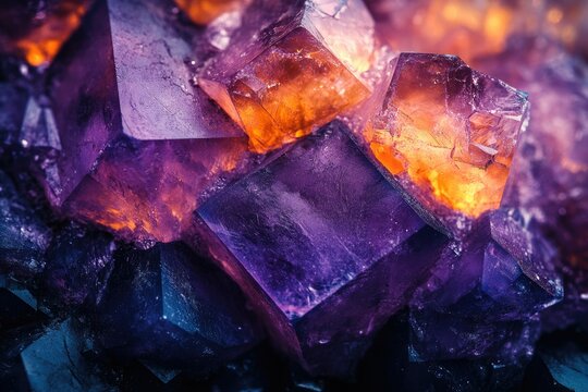 Close-up of colorful fluorite mineral with purple and orange hues, showcasing sharp cubic structures and intricate textures.