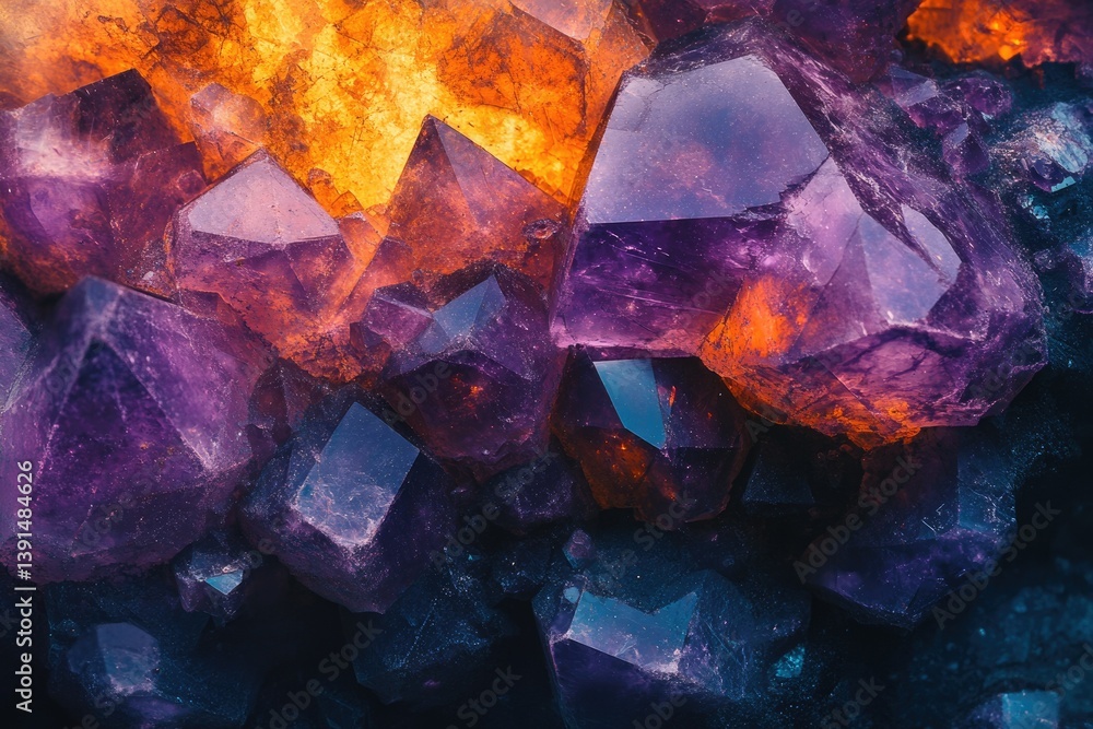 Poster A beautiful cluster of amethyst crystals with a warm, golden glow emanating from behind them, showcasing their unique shapes and colors.