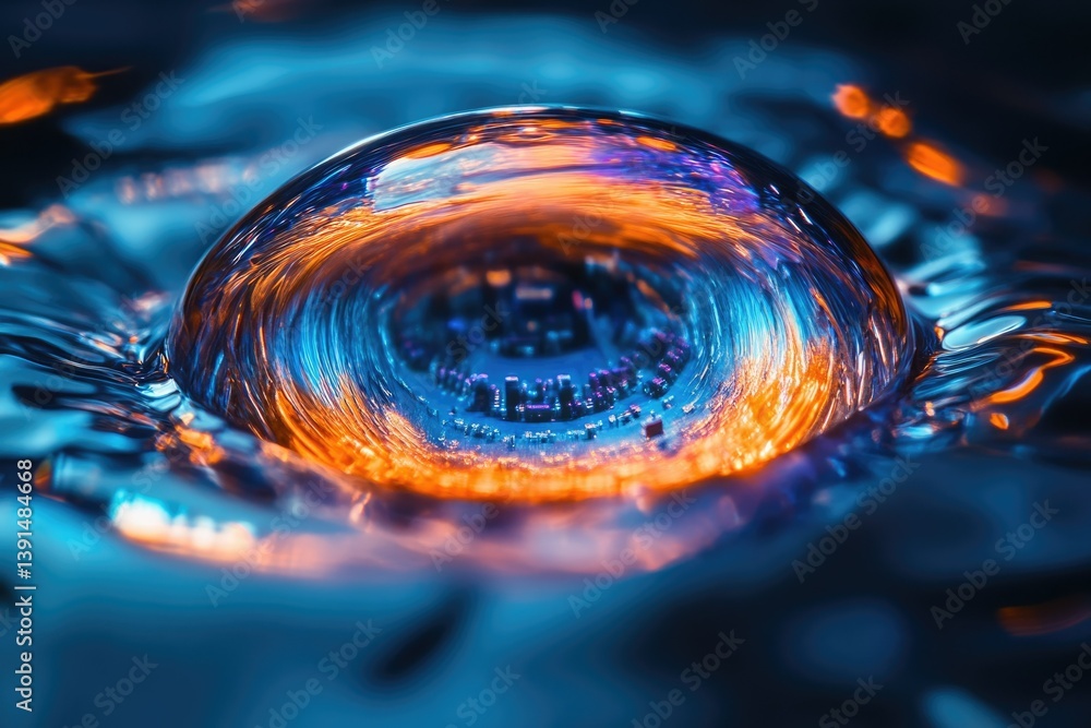 Aufkleber a captivating close-up of a reflective bubble on liquid, displaying a city-like structure in its cor