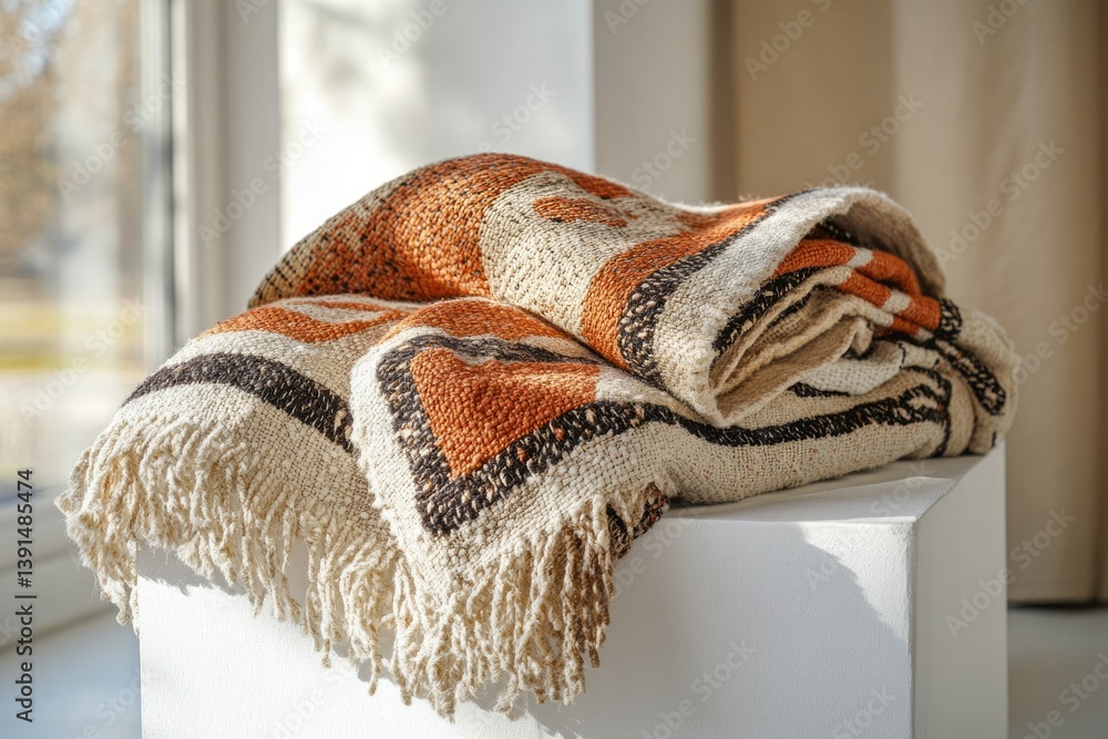 Poster a textured blanket with orange and brown patterns rests on a white surface near a window.