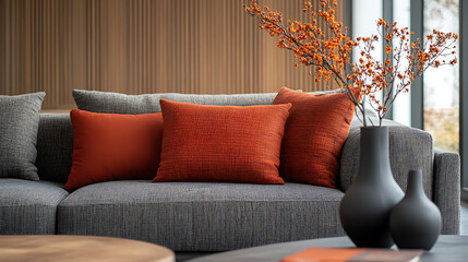 Modern living room decor features stylish gray sofa adorned with vibrant orange cushions, complemented by decorative vase and branches, creating warm and inviting atmosphere