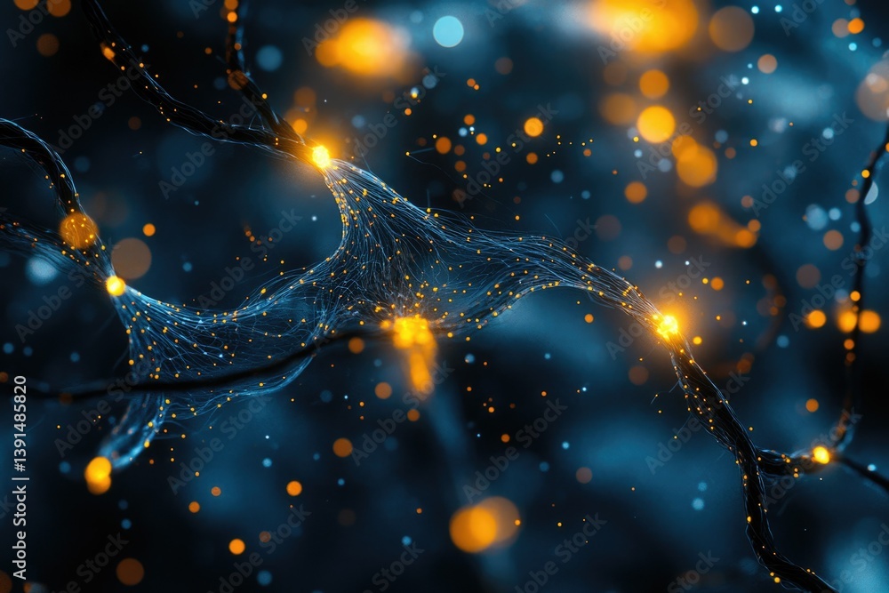 Poster A network of interconnected neurons firing with bright orange sparks against a dark blue backdrop, symbolizing neural pathways and connectivity.