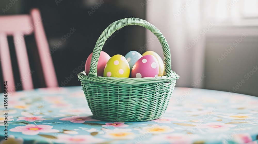 Poster close-up of easter egg basket on spring tablecloth with dramatic lighting and bold shadows on a fest