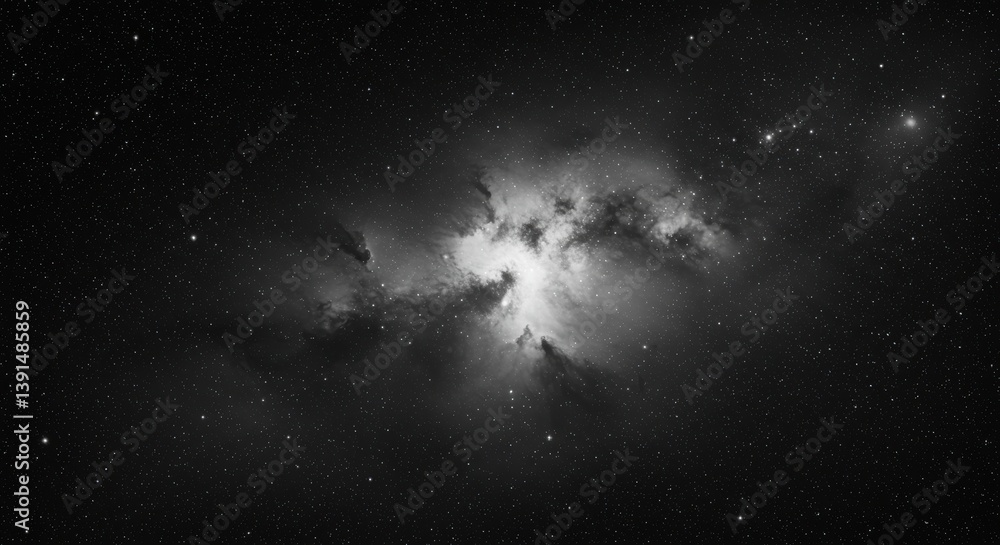 Poster a monochrome image of a nebula with stars scattered across a dark and expansive background space vie