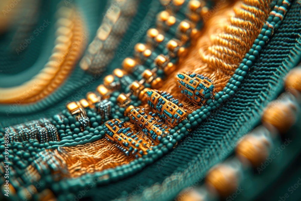 Poster Macro shot of a zipper with metallic teeth and textured fabric in teal and gold hues.