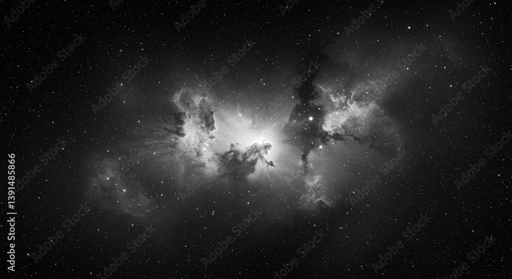 Poster a grayscale image of a nebula surrounded by stars in the vast expanse of outer space view