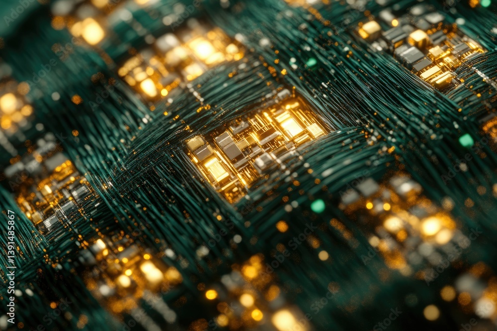 Poster An intricate close-up shot captures the complex network of a circuit board with glowing elements against a green background.