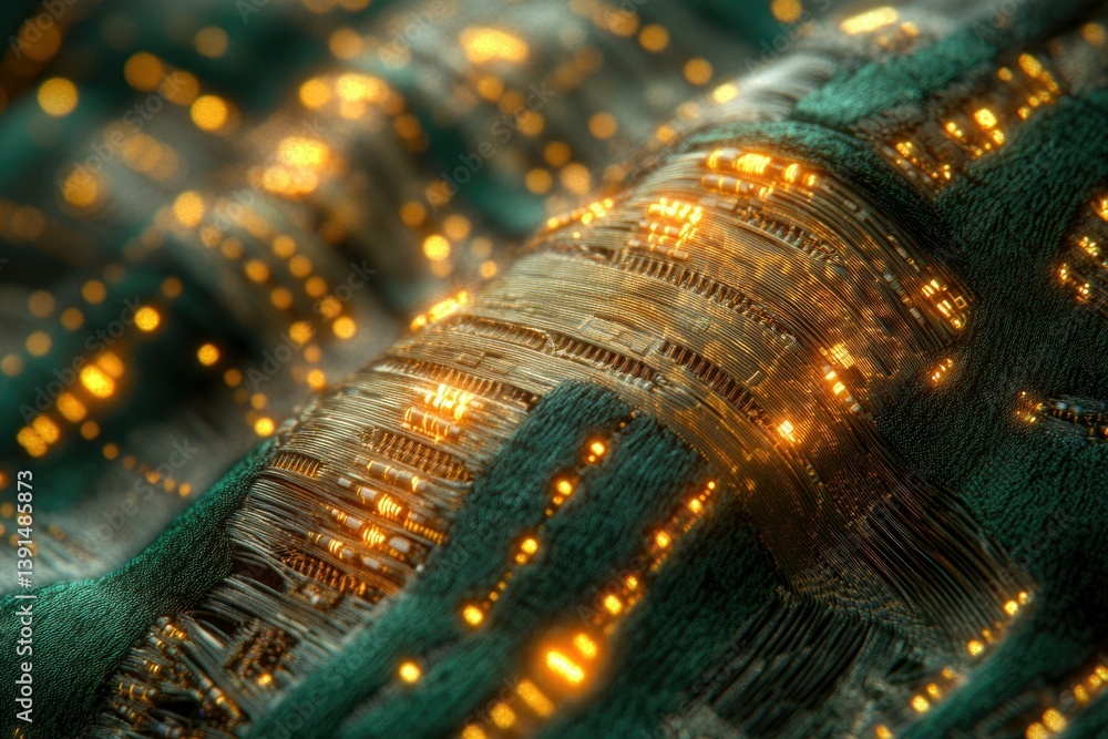 Poster Abstract close-up of a circuit board with glowing lights, creating a futuristic and technological feel.