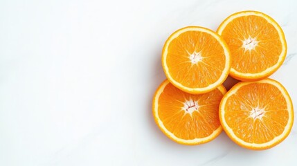 Orange Slices on Marble Bright Minimalist Style High-Resolution Overhead Shot Juicy Texture Refreshing Vibe White Background Vibrant Citrus tones Ideal for Food Blogs