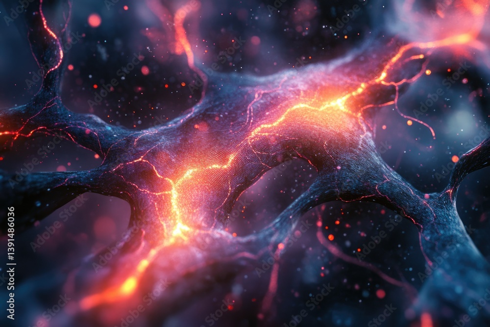 Poster Abstract image with glowing orange/red electrical energy coursing through branching dark blue/gray structures, resembling neural pathways.