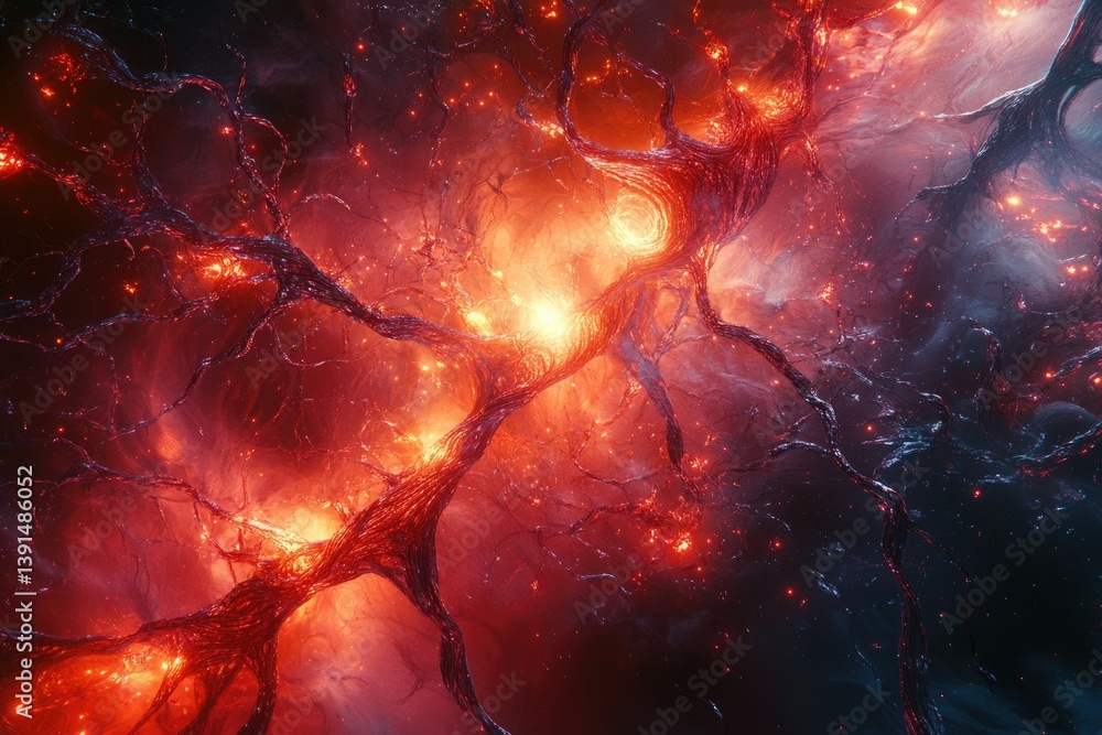 Aufkleber a cosmic nebula with fiery red and orange hues, resembling the interconnected branches of a fiery, e