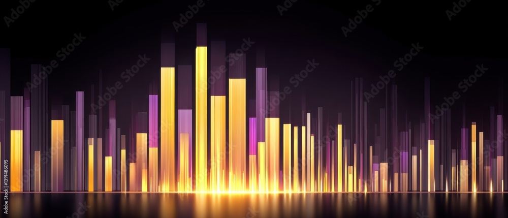 Poster a vibrant visualization of sound waves, featuring colorful bars in yellow and purple against a dark 