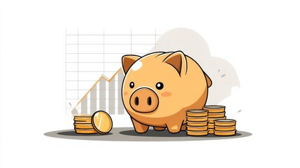 Cartoon Piggy Bank with Coins and Rising Line Graph