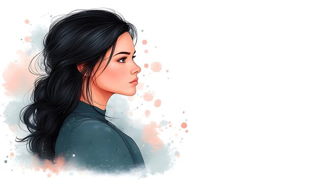 Profile portrait of a young woman with dark hair and teal jacket against a watercolor background.