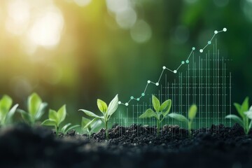 A green plant emerging from soil with a digital growth chart overlay, symbolizing growth and sustainability in a natural environment.