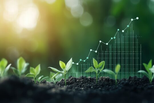 A green plant emerging from soil with a digital growth chart overlay, symbolizing growth and sustainability in a natural environment.