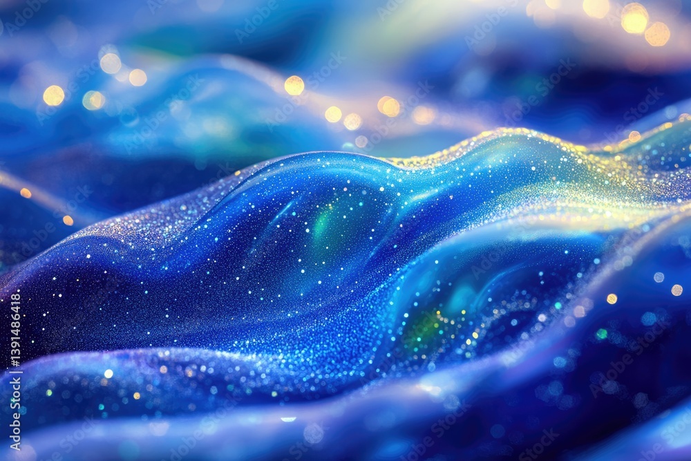Poster a shimmering expanse of deep blue undulates with soft peaks, adorned with sparkling specks, resembli
