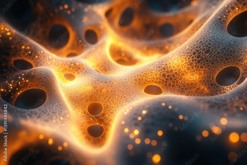 Fototapete Abstract organic structure with glowing pores, illuminated by golden light, showing intricate details and a mesmerizing interplay of light and shadow.