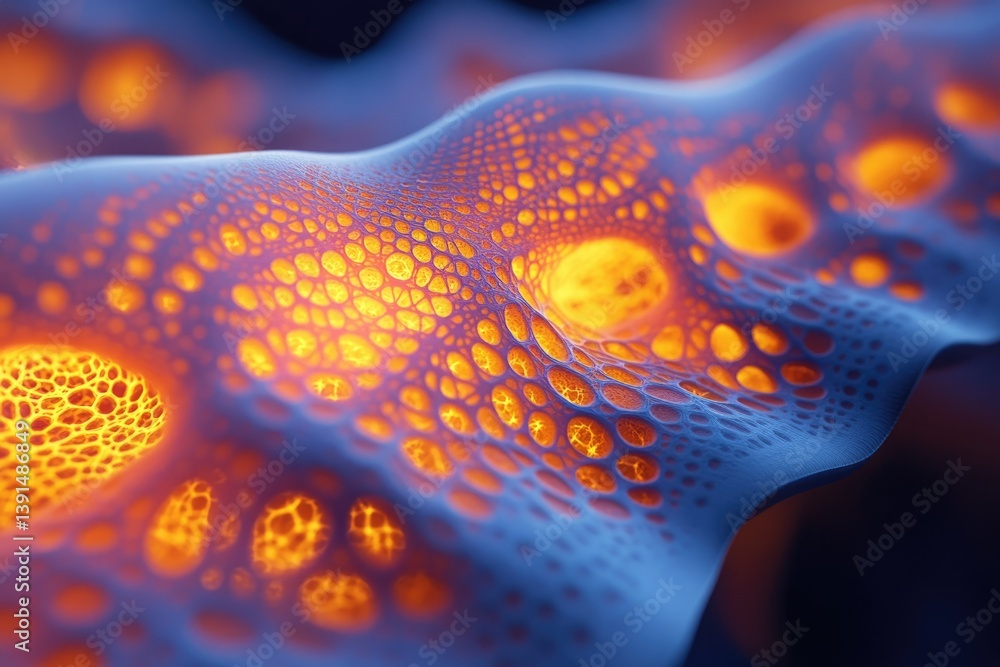Poster abstract render of a blue, cell-like structure with glowing orange areas, resembling biological or s