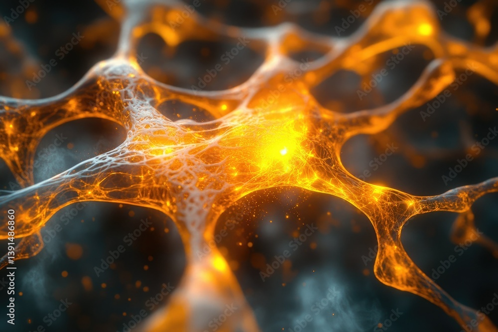 Poster Abstract glowing network with interconnected lines and nodes, resembling neural pathways or energy flow in a complex system.