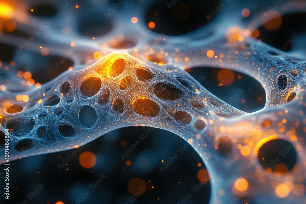 Poster Abstract interconnected network with glowing nodes, showcasing cellular or digital structures with intricate, blue patterns.