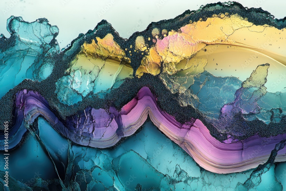 Poster a vibrant abstract landscape features layered bands of color, textured with a dark, grainy material.